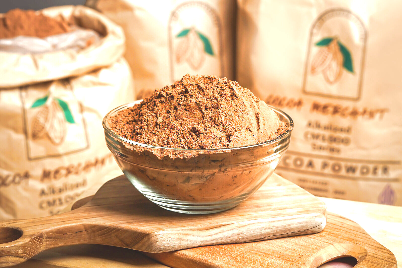 Finished Cocoa Merchant cocoa powder in a glass bowl alongside branded CM1000 Series kraft sacks
